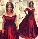 Load image into Gallery viewer, Burgundy satin ball gown wedding dresses off the shoulder
