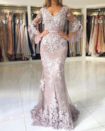 Load image into Gallery viewer, Lilac-Lace-Prom-Dresses-Mermaid-V-neck-Evening-Gowns
