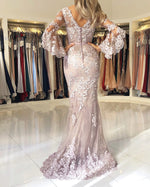 Load image into Gallery viewer, Elegant V-neck Lace Mermaid Prom Dresses Puffy Sleeves
