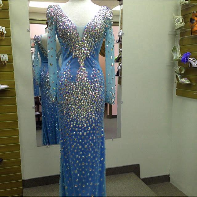 crystals evening dresses long sleeve mermaid coral sheer top sexy formal prom dresses   cg10113