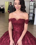 Load image into Gallery viewer, Burgundy-Wedding-Dresses-Lace-Off-Shoulder
