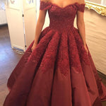 Load image into Gallery viewer, Burgundy Taffeta Wedding Ball Gown Dresses Lace Off The Shoulder
