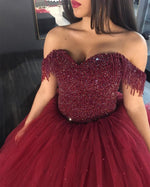 Load image into Gallery viewer, Burgundy Wedding Dresses Ball Gowns Off The Shoulder With Tassel

