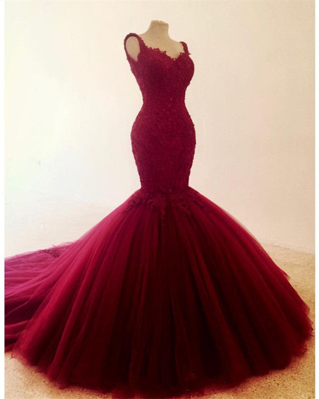Lace Sweetheart Tulle Backless Mermaid Evening Dresses