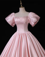 Load image into Gallery viewer, Pink Puffy Sleeve Ball Gown Satin Dress
