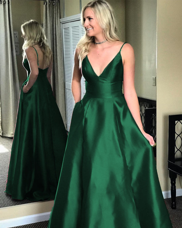 Simple A-line Long Satin Prom Dresses V-neck Floor Length Evening Gowns