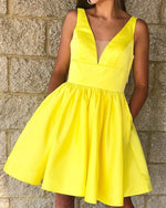 Load image into Gallery viewer, Short-Satin-Homecoming-Dresses-Yellow-Party-Dresses
