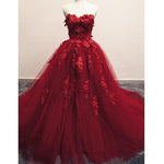 Cargar imagen en el visor de la galería, Burgundy Floral Lace Sweetheart Tulle Ball Gown Wedding Dresses
