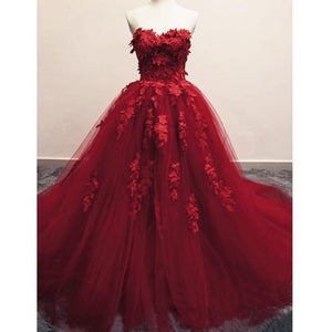 Burgundy Floral Lace Sweetheart Tulle Ball Gown Wedding Dresses