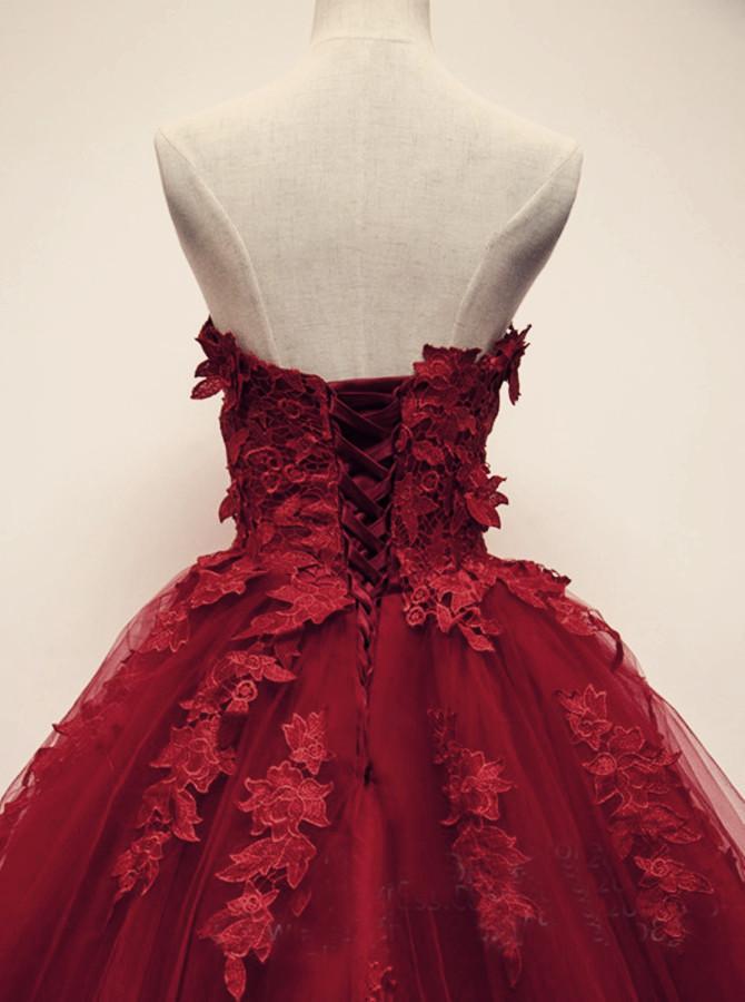 Burgundy Floral Lace Sweetheart Tulle Ball Gown Wedding Dresses