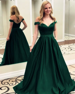 V-neck Off-the-shoulder Long Satin Prom Dresses Beaded Sashes Evening Gowns
