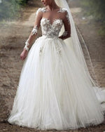 Afbeelding in Gallery-weergave laden, Princess Wedding Dresses Sheer Long Sleeves Lace Embroidery

