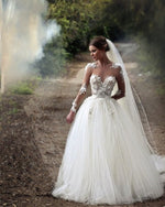 Afbeelding in Gallery-weergave laden, Princess Wedding Dresses Sheer Long Sleeves Lace Embroidery
