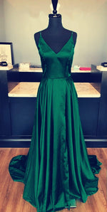 Load image into Gallery viewer, Sexy Spaghetti Straps V-neck Long Satin Prom Dresses
