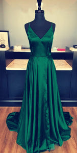 Sexy Spaghetti Straps V-neck Long Satin Prom Dresses
