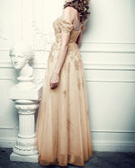Afbeelding in Gallery-weergave laden, Gold Lace Beaded Sweetheart Tulle Prom Dresses Off-the-shoulder
