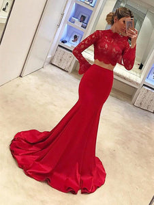 Long Sleeves Mermaid Prom Dresses Two Piece Evening Gowns 2018