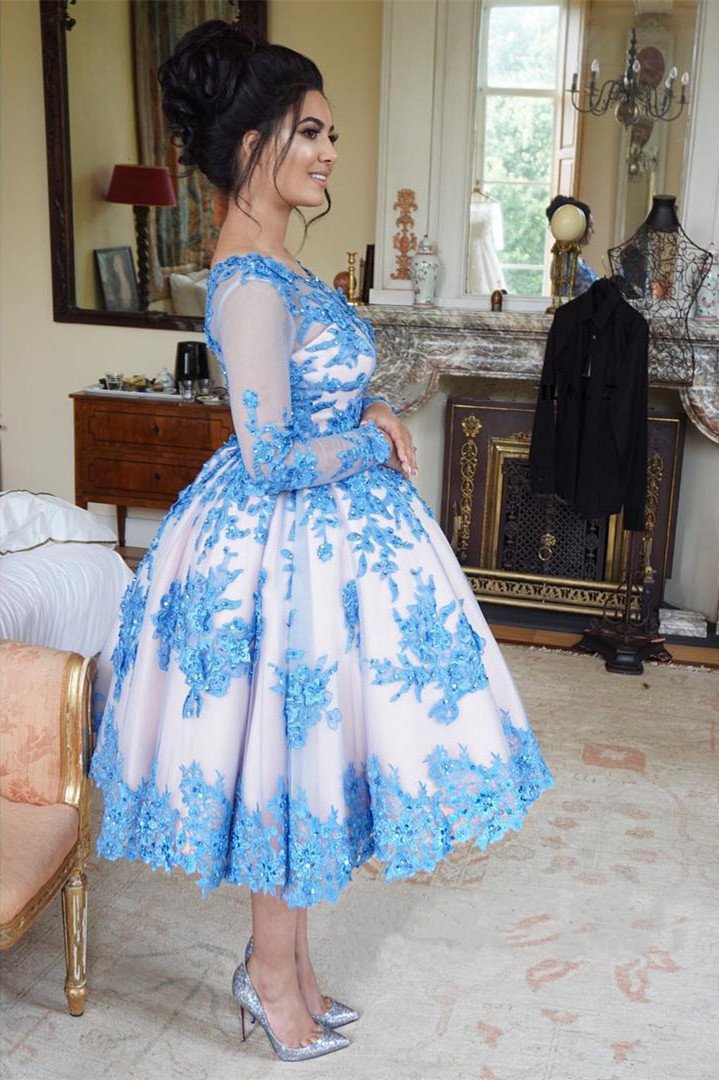 Tea Length Ball Gowns Wedding Guest Dresses With Blue Lace Embroidery