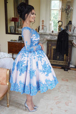 Load image into Gallery viewer, Tea Length Ball Gowns Wedding Guest Dresses With Blue Lace Embroidery
