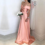 Cargar imagen en el visor de la galería, Simple Satin V Neck Off Shoulder Long Bridesmaid Dresses
