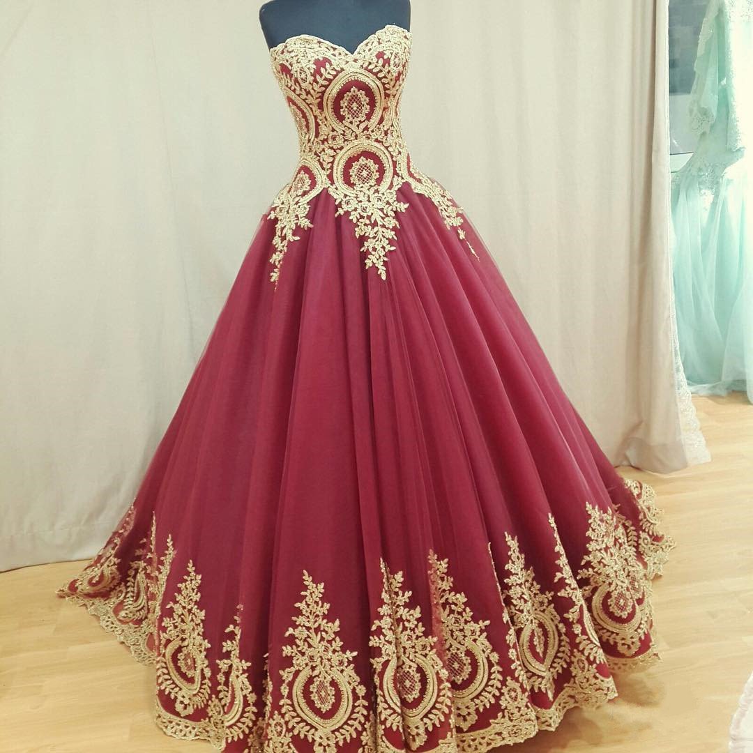 Wine Red Tulle Ball Gowns Wedding Dresses Gold Lace Appliques
