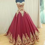 Afbeelding in Gallery-weergave laden, Wine Red Tulle Ball Gowns Wedding Dresses Gold Lace Appliques
