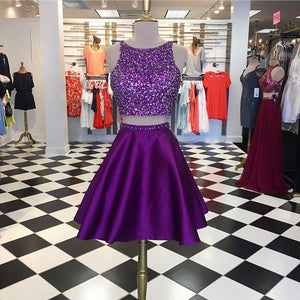 Purple Satin Two Piece Homecoming Dresses Open Back Prom Gowns Crystal Beads