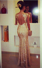 Load image into Gallery viewer, Lace Appliques Cap Sleeves Nude Back Floor Length Sequin Mermaid Evening Dresses
