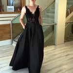 Load image into Gallery viewer, Lace Appliques V Neck Long Black Satin Evening Gowns With Pockets
