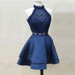 Load image into Gallery viewer, A Line High Neck Lace Crop Satin Homecoming Dresses Two Piece
