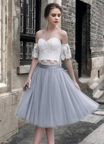 Cargar imagen en el visor de la galería, White Lace Crop Top Tulle Prom Dresses Two Piece Homecoming Dress
