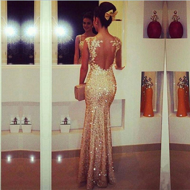 Lace Appliques Cap Sleeves Nude Back Floor Length Sequin Mermaid Evening Dresses
