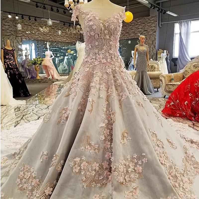 Luxurious 3D Lace Flowers Light Blue Satin Ball Gown Wedding Dresses 2018