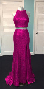 Load image into Gallery viewer, Rose Gold Sequin Two Piece Prom Dresses Mermaid Evening Gowns
