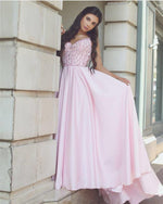 Load image into Gallery viewer, Pretty Pink Satin Evening Gowns Beaded V Neck Long Prom Dresses 2018

