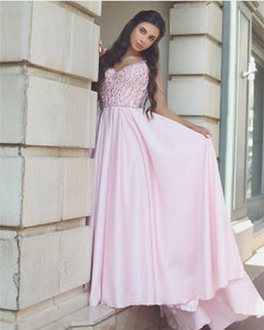 Pretty Pink Satin Evening Gowns Beaded V Neck Long Prom Dresses 2018