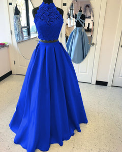A-line High Neck Open Back Satin Prom Dresses Two Piece