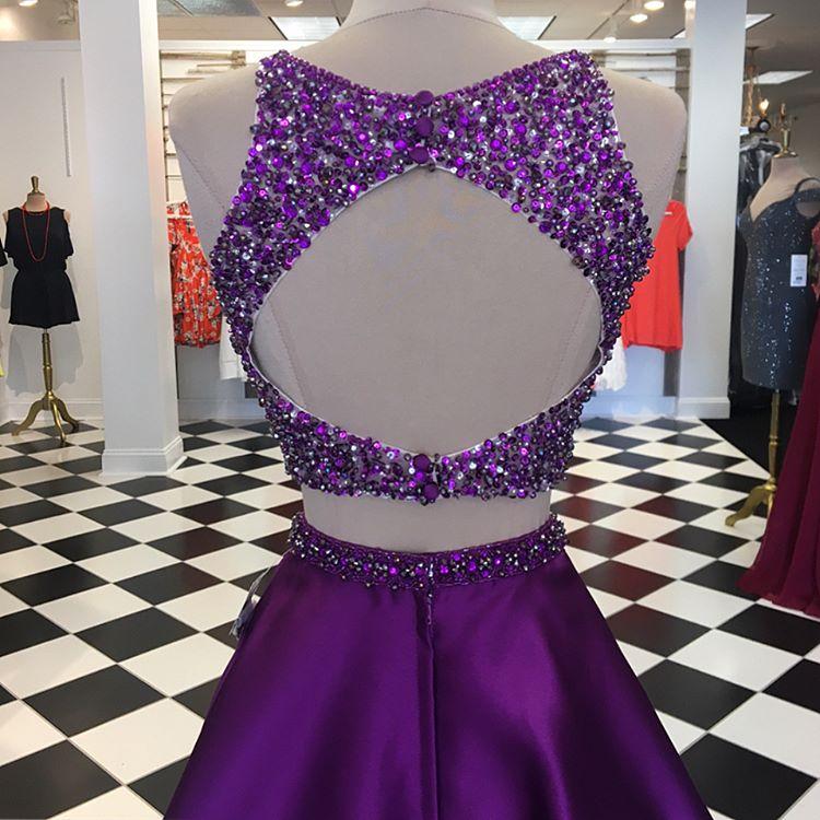 Purple Satin Two Piece Homecoming Dresses Open Back Prom Gowns Crystal Beads