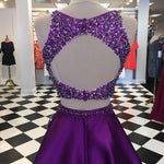 Load image into Gallery viewer, Purple Satin Two Piece Homecoming Dresses Open Back Prom Gowns Crystal Beads
