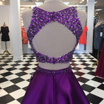 Cargar imagen en el visor de la galería, Purple Satin Two Piece Homecoming Dresses Open Back Prom Gowns Crystal Beads
