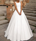Load image into Gallery viewer, Vintage Scoop Neck Bow Back Satin Ball Gown Wedding Dresses
