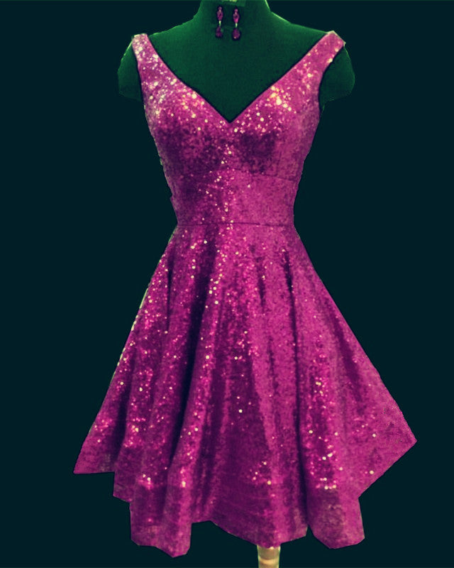 Short V-neck Ruffle Hem Sequins Homecoming Dresses