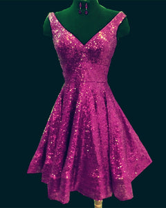 Short V-neck Ruffle Hem Sequins Homecoming Dresses