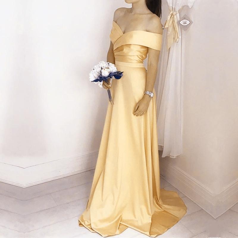 Simple Satin V Neck Off Shoulder Long Bridesmaid Dresses