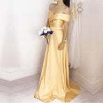Cargar imagen en el visor de la galería, Simple Satin V Neck Off Shoulder Long Bridesmaid Dresses
