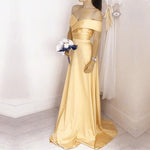 Load image into Gallery viewer, Simple Satin V Neck Off Shoulder Long Bridesmaid Dresses
