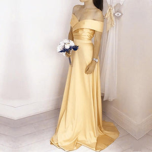 Simple Satin V Neck Off Shoulder Long Bridesmaid Dresses