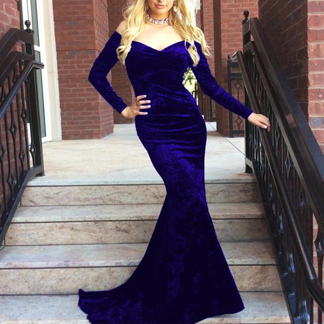 V Neck Off Shoulder Velvet Prom Dress Long Sleeves Mermaid Evening Gowns