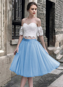 White Lace Crop Top Tulle Prom Dresses Two Piece Homecoming Dress