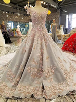 Cargar imagen en el visor de la galería, Luxurious 3D Lace Flowers Light Blue Satin Ball Gown Wedding Dresses 2018
